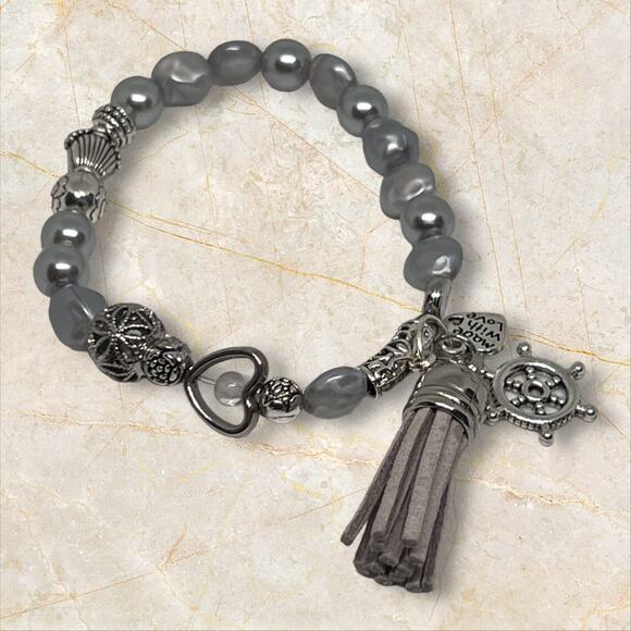 Coastal Chic Classic Beachy Silver Stretch Beaded Bracelet Set Eclectic Design - Picture 3 of 6